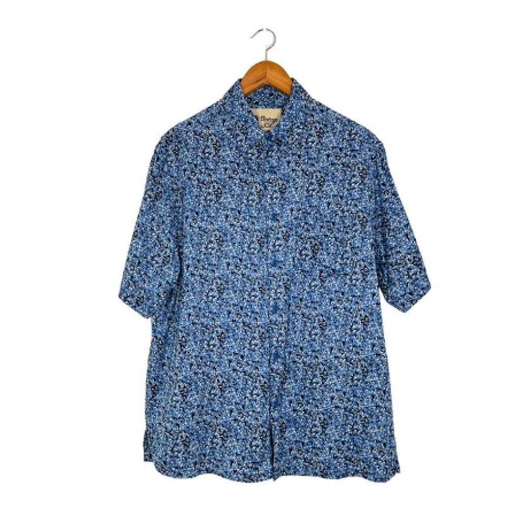 Vintage Silk‎ Men's 100% Silk Short Sleeve Hawaiian Button Up Shirt Blue Black L